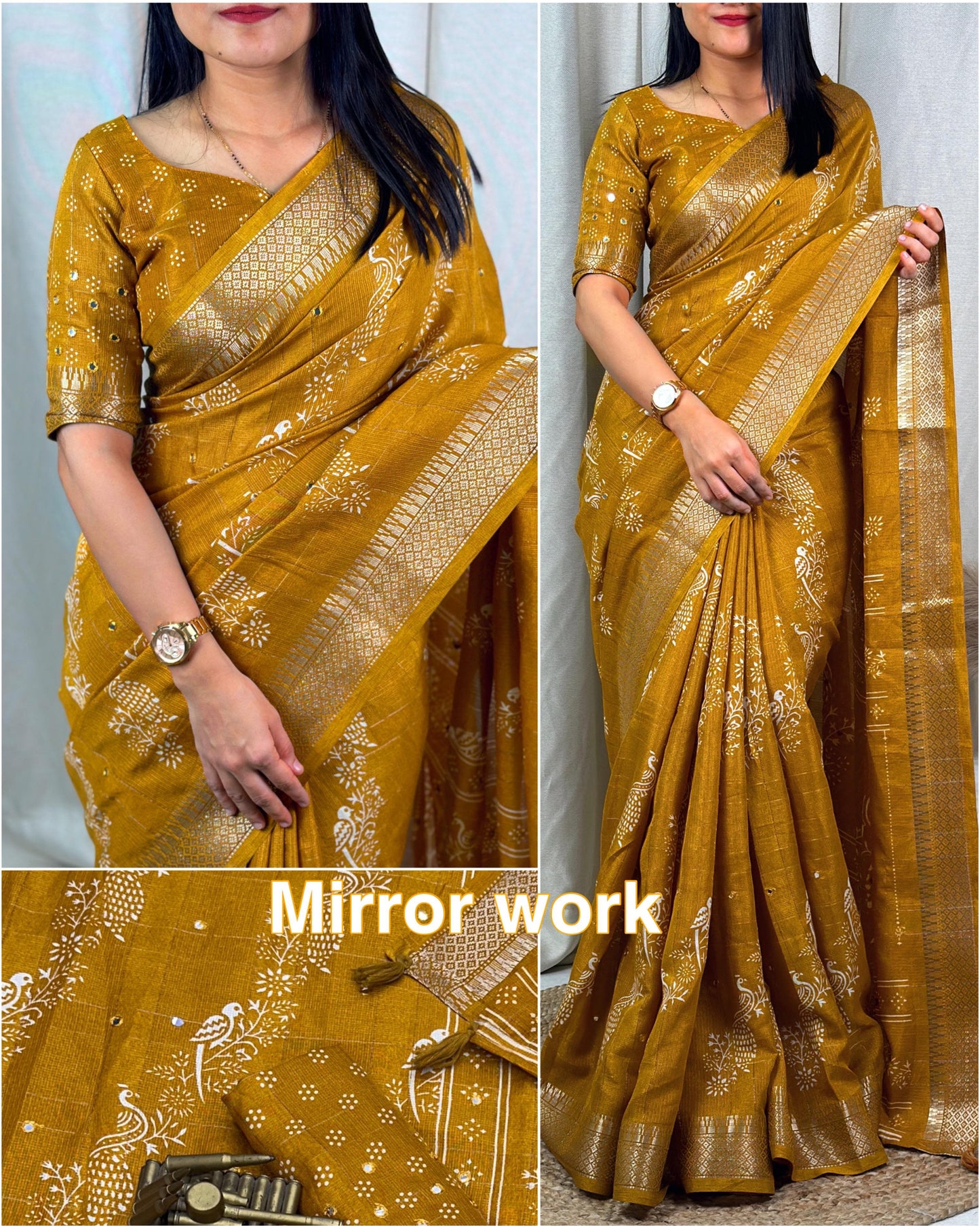 Kalamkari printed saree with zari weaving, & paper mirror work and tussles in pallu