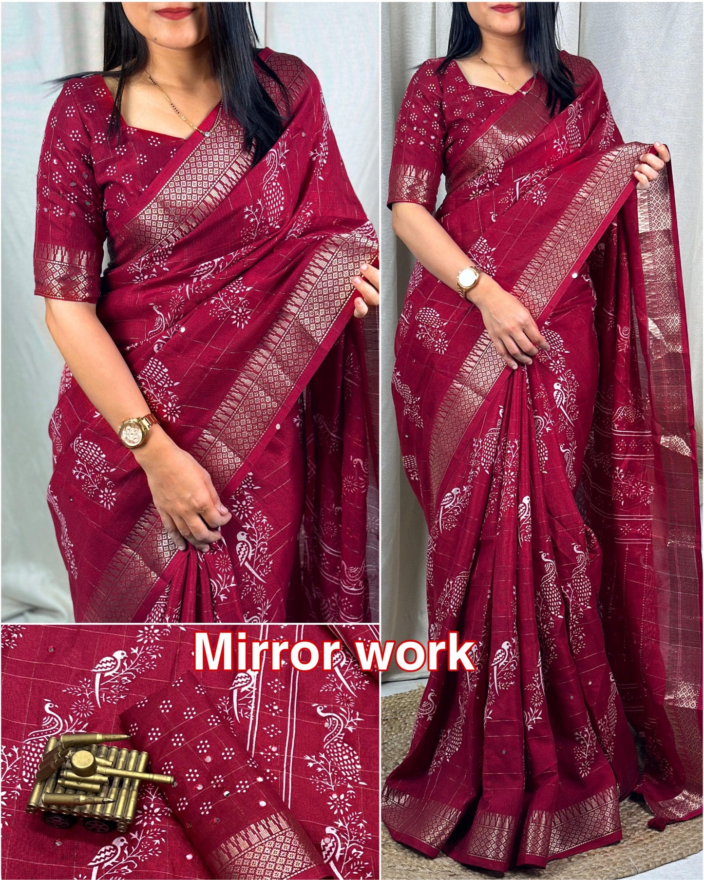 Kalamkari printed saree with zari weaving, & paper mirror work and tussles in pallu