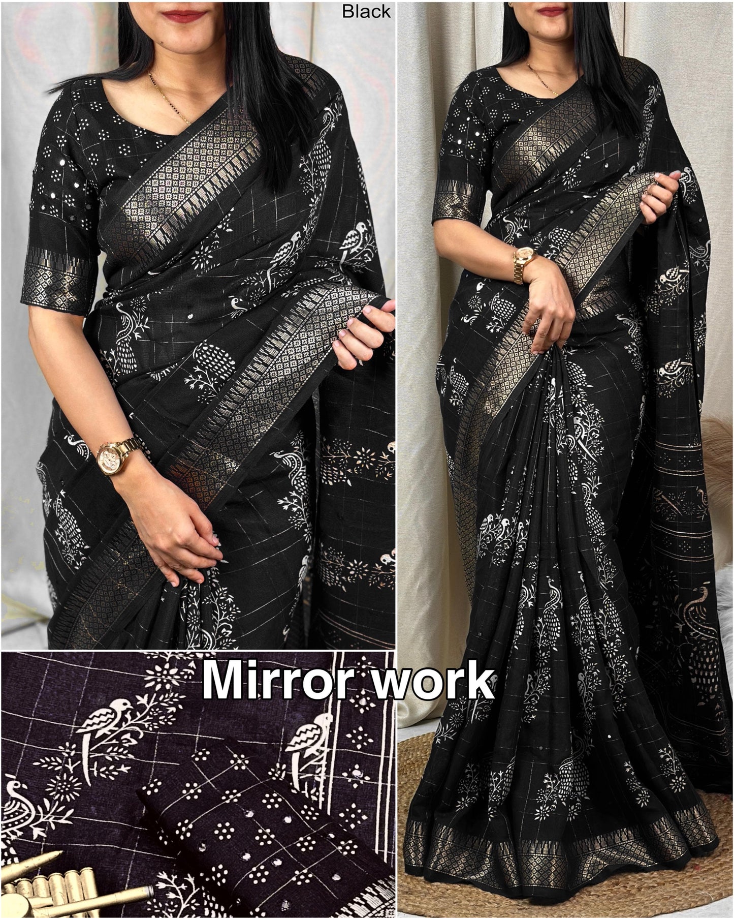 Kalamkari printed saree with zari weaving, & paper mirror work and tussles in pallu