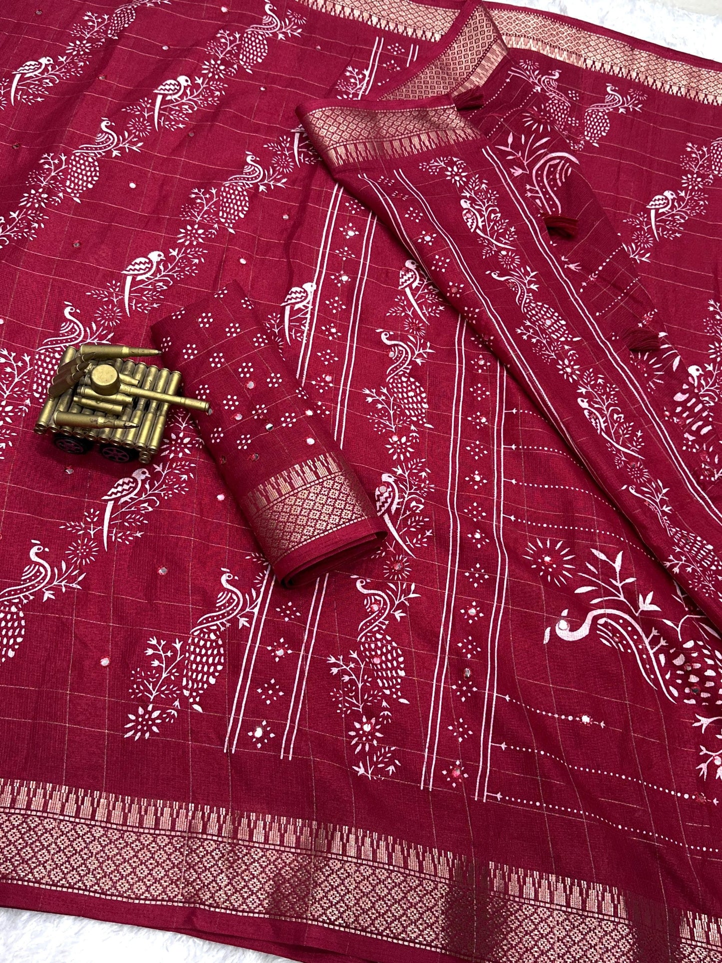 Kalamkari printed saree with zari weaving, & paper mirror work and tussles in pallu