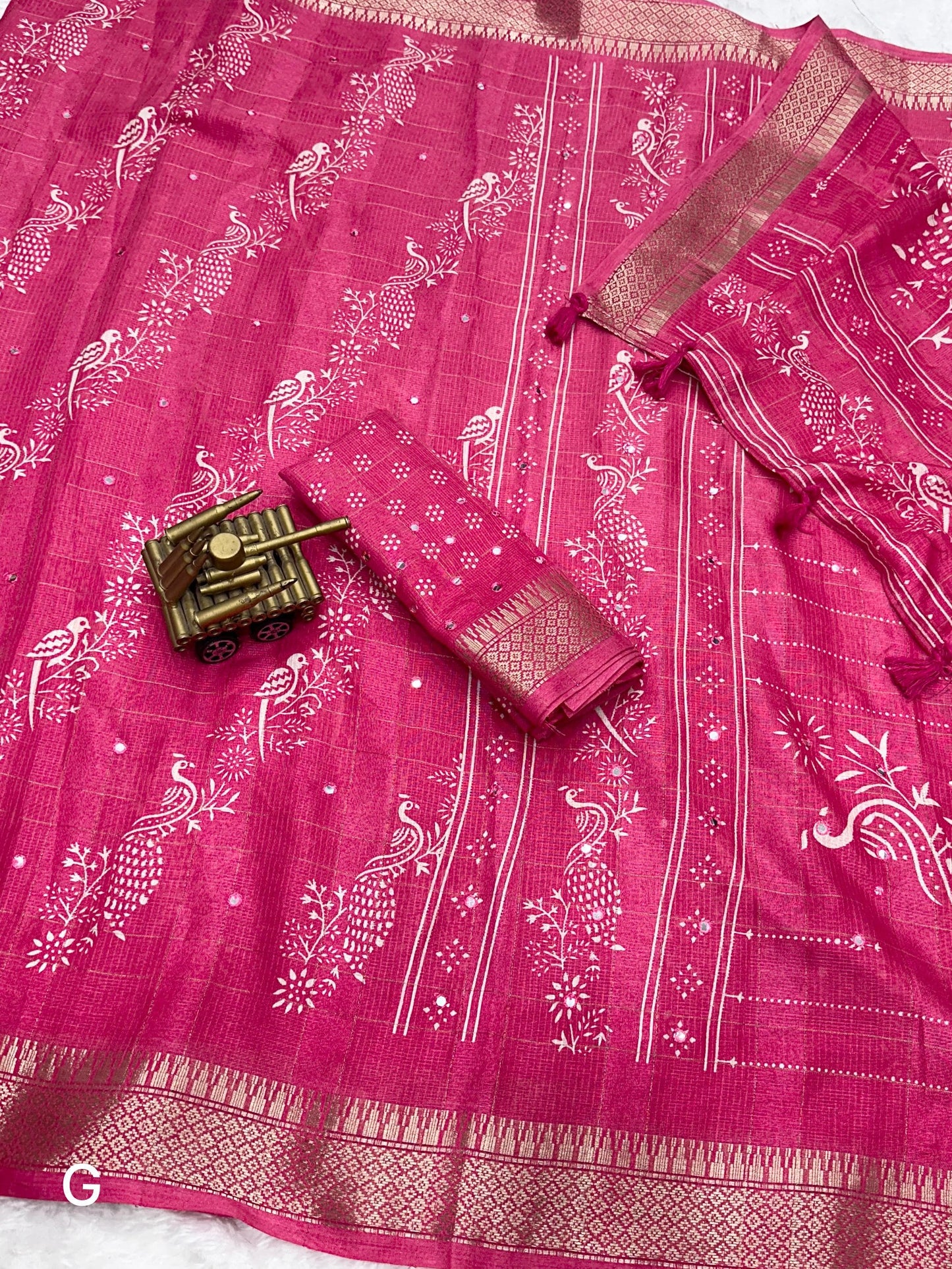 Kalamkari printed saree with zari weaving, & paper mirror work and tussles in pallu