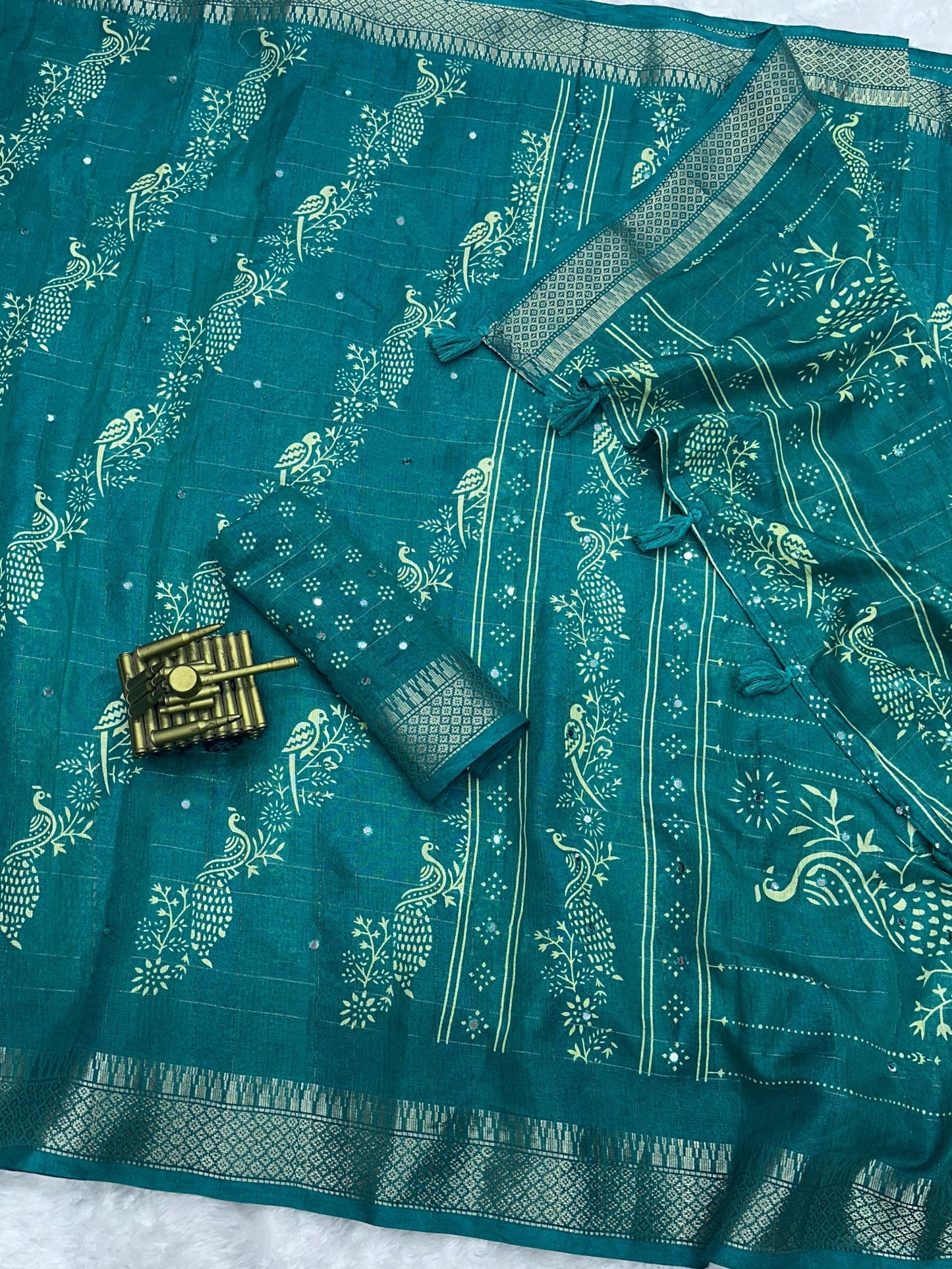 Kalamkari printed saree with zari weaving, & paper mirror work and tussles in pallu