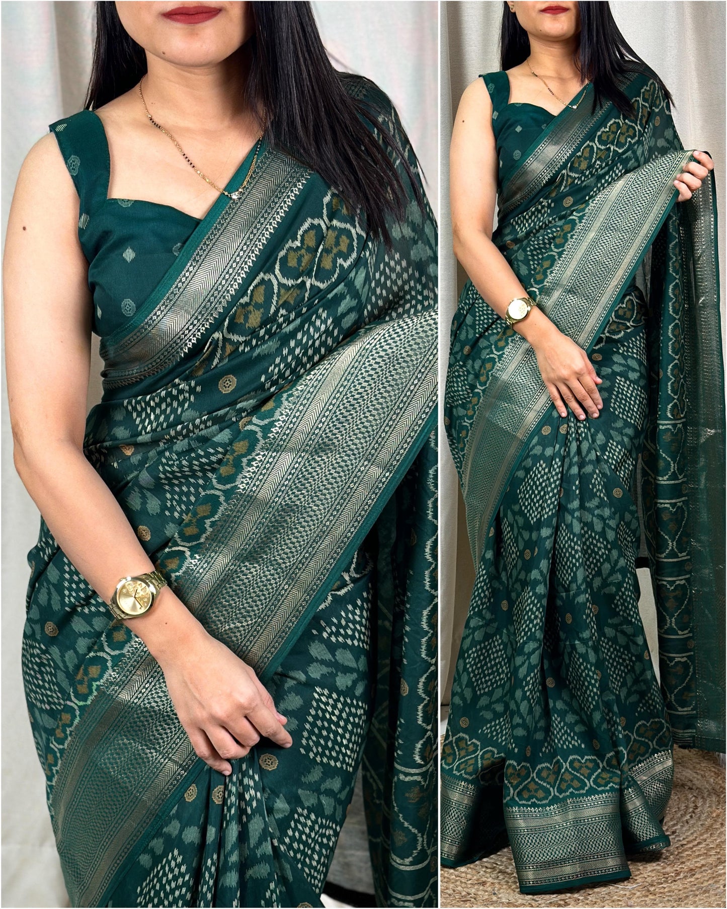 printed muslin cotton saree with zari boder & tussles in pallu