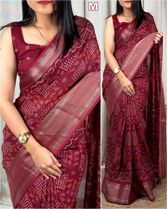 printed muslin cotton saree with zari boder & tussles in pallu