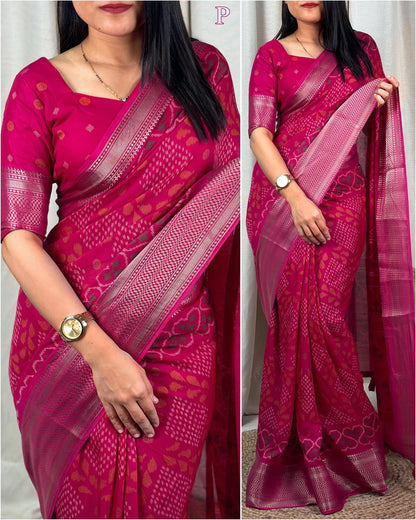 printed muslin cotton saree with zari boder & tussles in pallu - Swaraas
