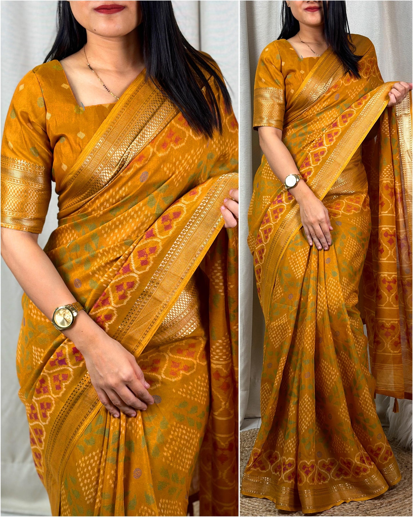 printed muslin cotton saree with zari boder & tussles in pallu