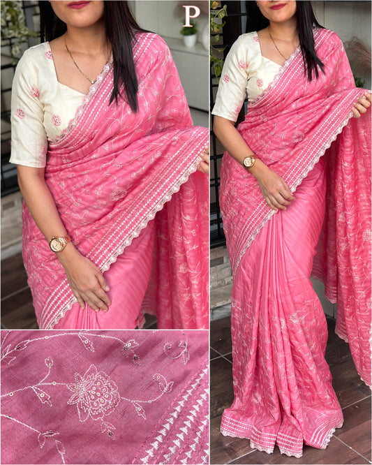 Multi thread Embroidery work in saree with sequins touch