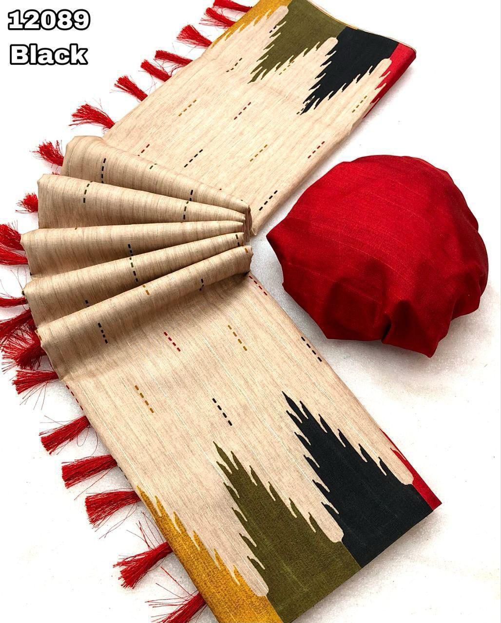 Handloom Tussur silk Temple Design Digital Print with tussels on Pallu - Swaraas