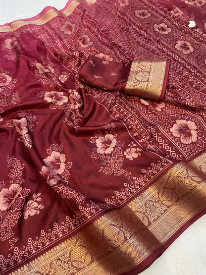 Soft delta moss saree with floral print and self jacquard all over with tassels on pallu - Swaraas