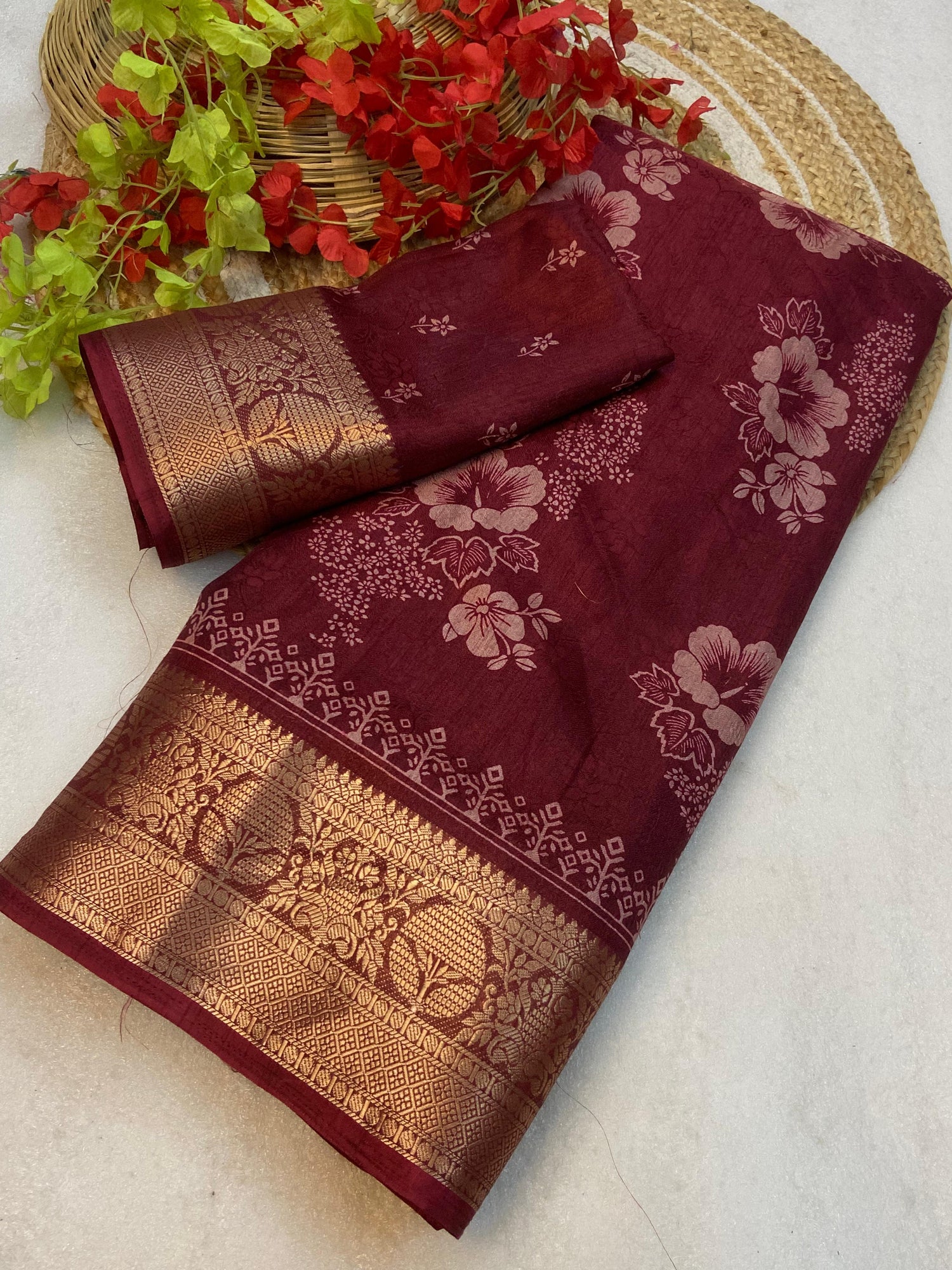 Soft delta moss saree with floral print and self jacquard all over with tassels on pallu - Swaraas