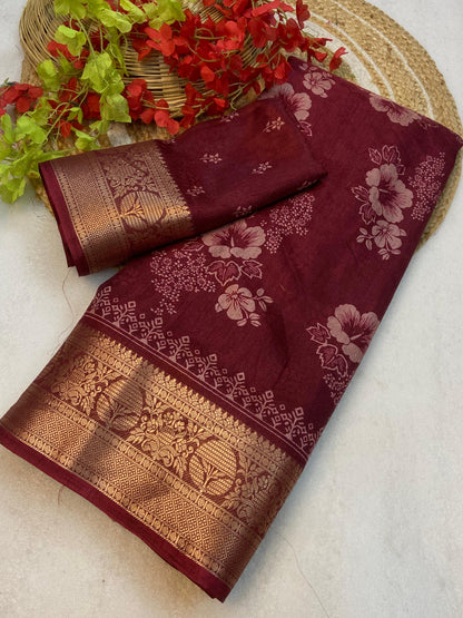 Soft delta moss saree with floral print and self jacquard all over with tassels on pallu - Swaraas
