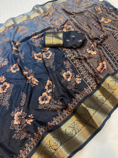 Soft delta moss saree with floral print and self jacquard all over with tassels on pallu - Swaraas