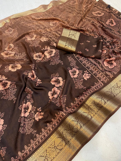 Soft delta moss saree with floral print and self jacquard all over with tassels on pallu - Swaraas
