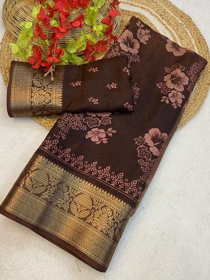 Soft delta moss saree with floral print and self jacquard all over with tassels on pallu - Swaraas