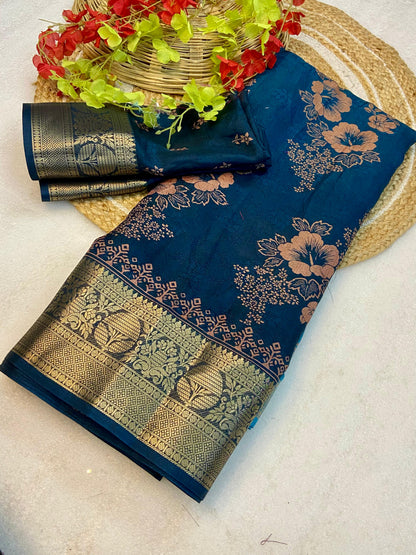 Soft delta moss saree with floral print and self jacquard all over with tassels on pallu - Swaraas