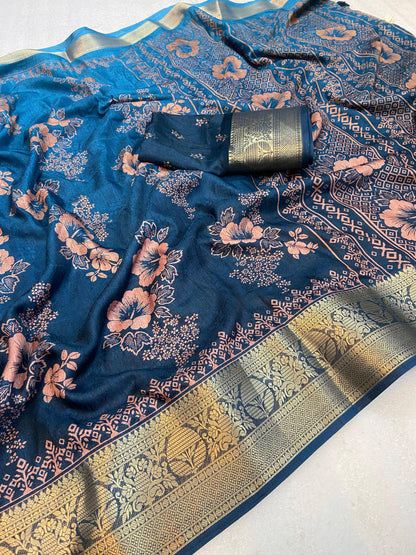 Soft delta moss saree with floral print and self jacquard all over with tassels on pallu - Swaraas