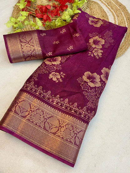 Soft delta moss saree with floral print and self jacquard all over with tassels on pallu - Swaraas
