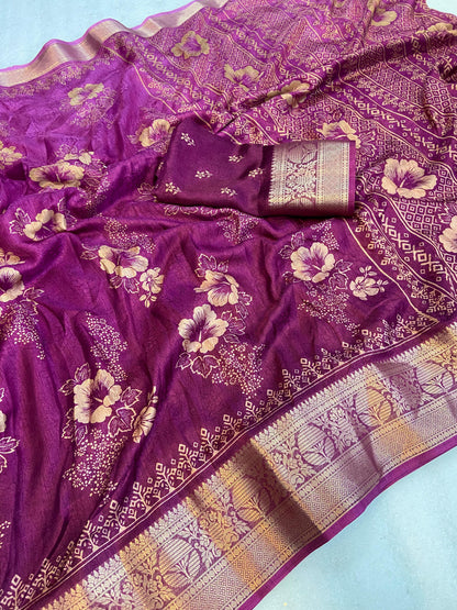 Soft delta moss saree with floral print and self jacquard all over with tassels on pallu - Swaraas