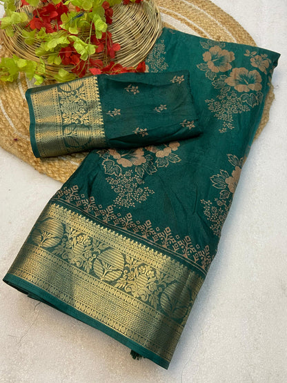 Soft delta moss saree with floral print and self jacquard all over with tassels on pallu - Swaraas