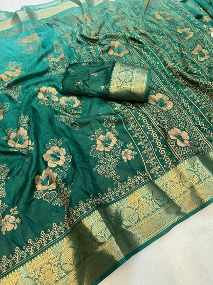 Soft delta moss saree with floral print and self jacquard all over with tassels on pallu - Swaraas