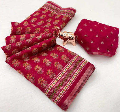 Ajrakh Print Soft Cotton Feel Saree with Zari Woven Border – 6.3m with Blouse | Swaraas.in