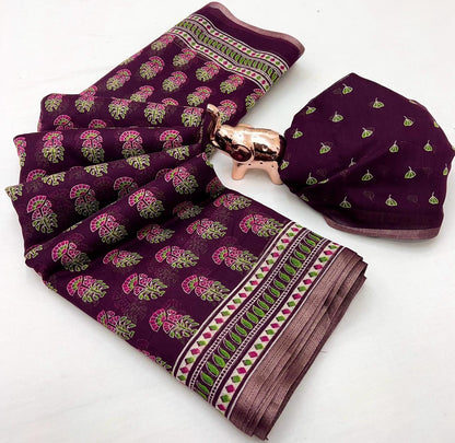 Ajrakh Print Soft Cotton Feel Saree with Zari Woven Border – 6.3m with Blouse | Swaraas.in