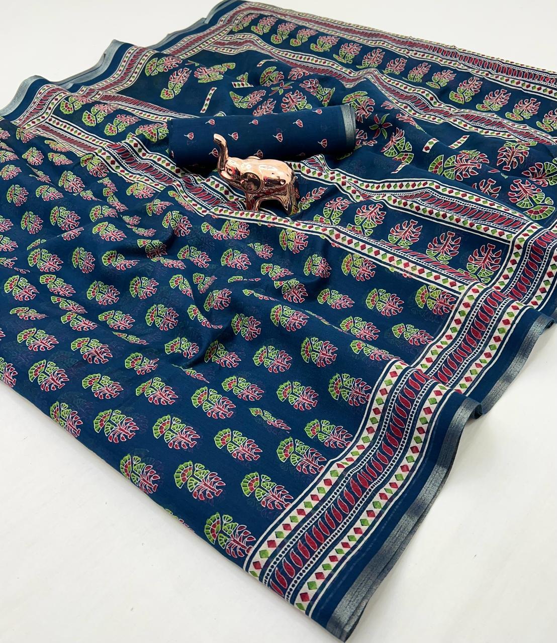 Ajrakh Print Soft Cotton Feel Saree with Zari Woven Border – 6.3m with Blouse | Swaraas.in
