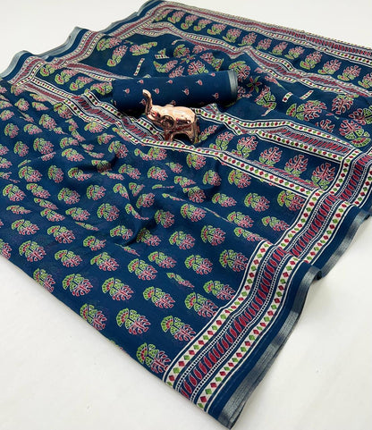 Ajrakh Print Soft Cotton Feel Saree with Zari Woven Border – 6.3m with Blouse | Swaraas.in