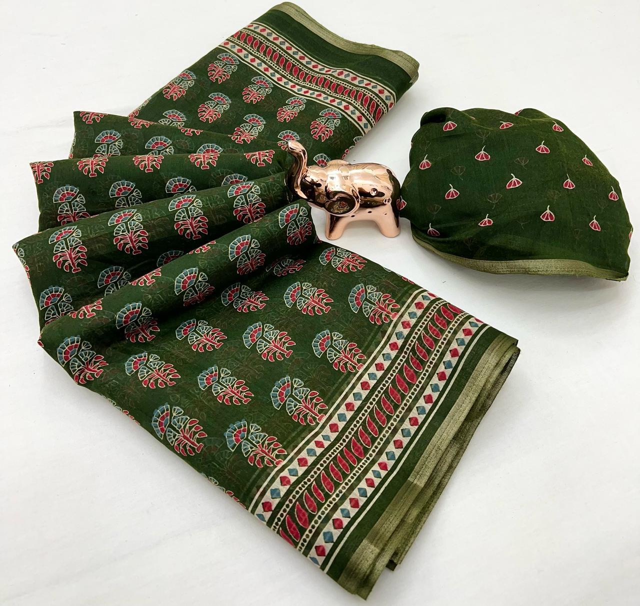 Ajrakh Print Soft Cotton Feel Saree with Zari Woven Border – 6.3m with Blouse | Swaraas.in