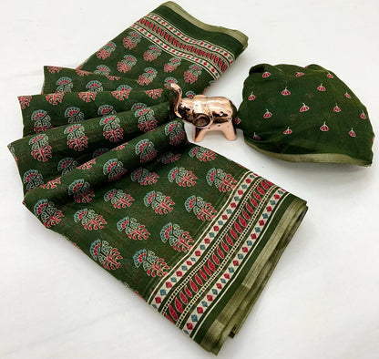 Ajrakh Print Soft Cotton Feel Saree with Zari Woven Border – 6.3m with Blouse | Swaraas.in