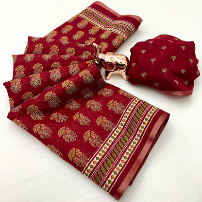 Ajrakh Print Soft Cotton Feel Saree with Zari Woven Border – 6.3m with Blouse | Swaraas.in