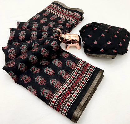 Ajrakh Print Soft Cotton Feel Saree with Zari Woven Border – 6.3m with Blouse | Swaraas.in