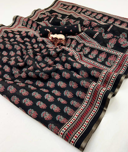 Ajrakh Print Soft Cotton Feel Saree with Zari Woven Border – 6.3m with Blouse | Swaraas.in