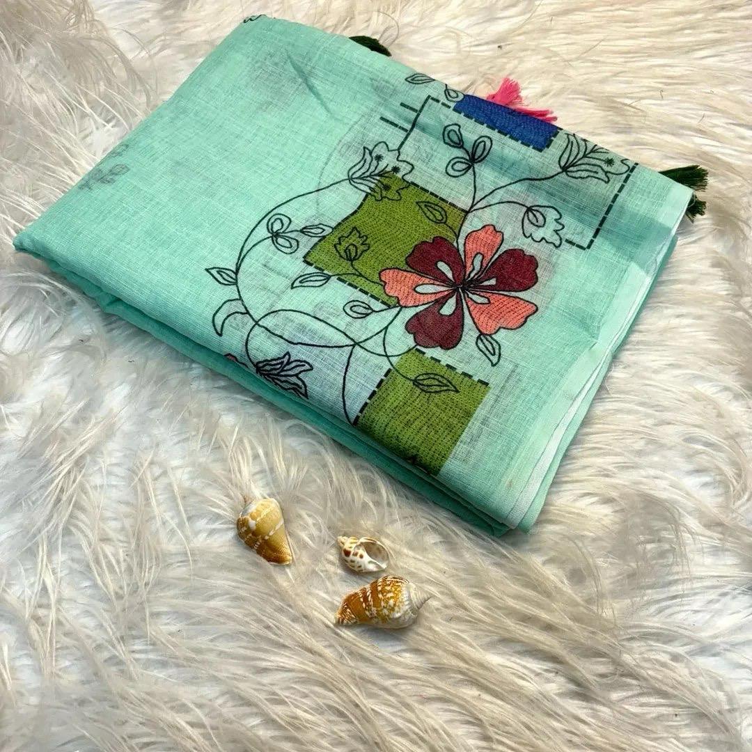 Soft Lenin fabric, very smooth and light weight, with super hit  Batik design all over saree, excellent quality With Digital kalamkari Printed Blouse