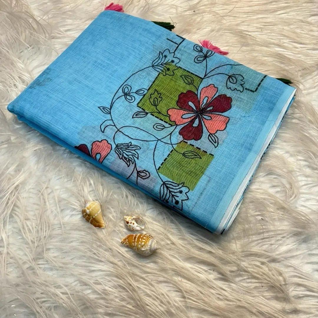 Soft Lenin fabric, very smooth and light weight, with super hit  Batik design all over saree, excellent quality With Digital kalamkari Printed Blouse