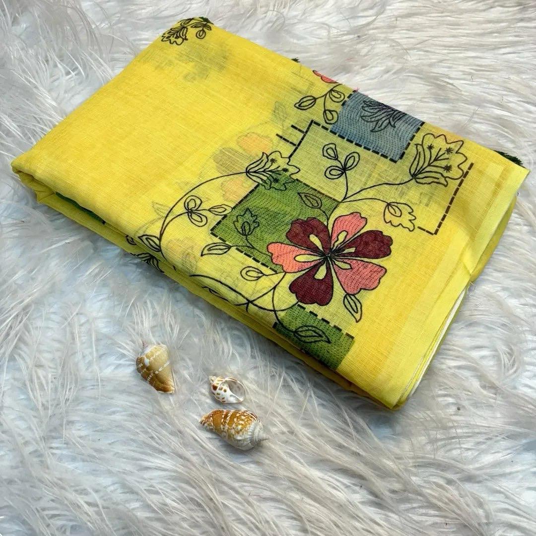 Soft Lenin fabric, very smooth and light weight, with super hit  Batik design all over saree, excellent quality With Digital kalamkari Printed Blouse