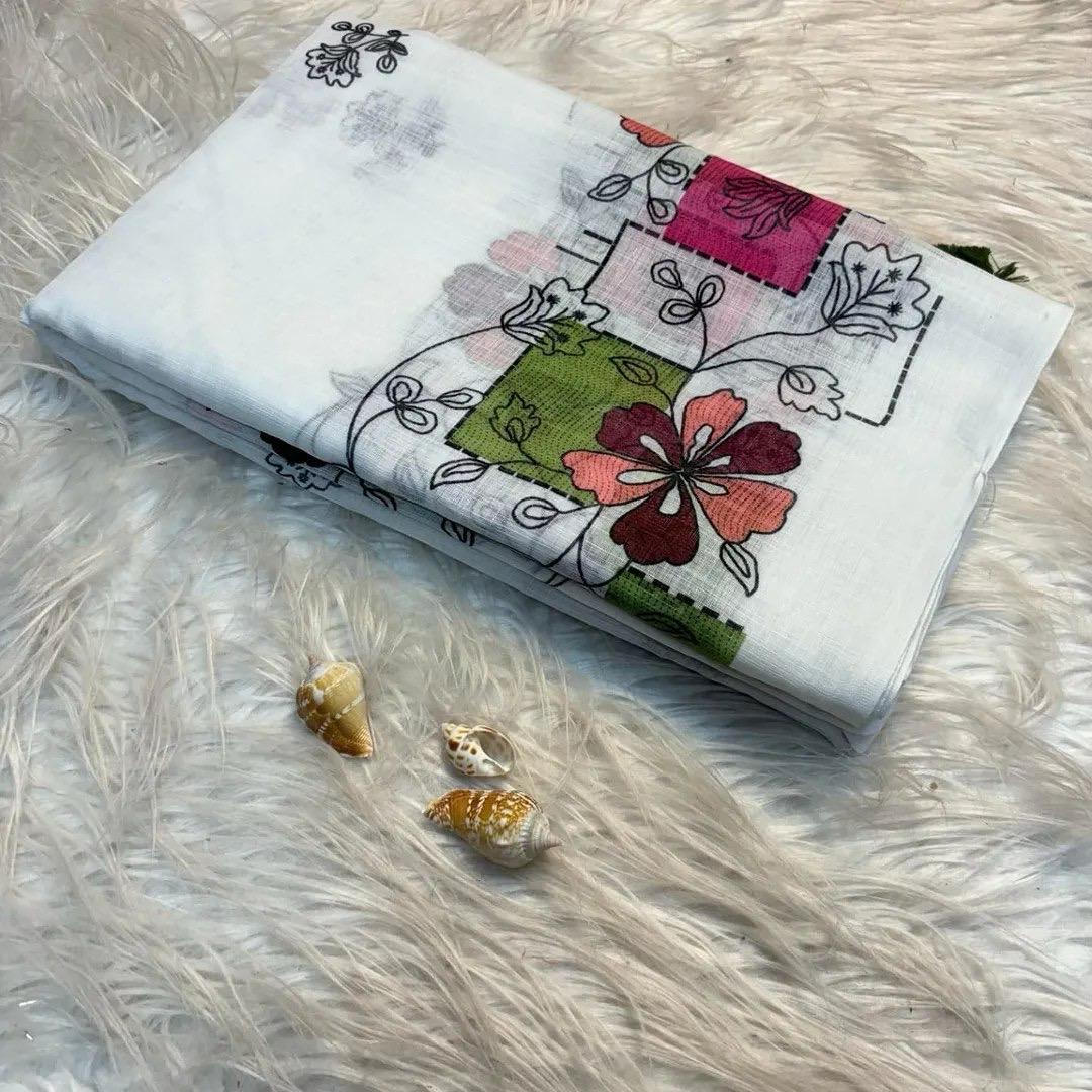 Soft Lenin fabric, very smooth and light weight, with super hit  Batik design all over saree, excellent quality With Digital kalamkari Printed Blouse
