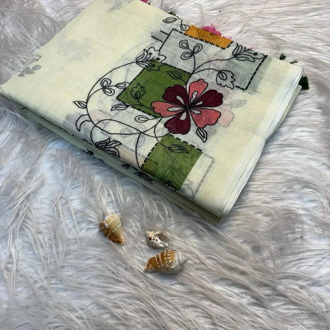 Soft Lenin fabric, very smooth and light weight, with super hit  Batik design all over saree, excellent quality With Digital kalamkari Printed Blouse