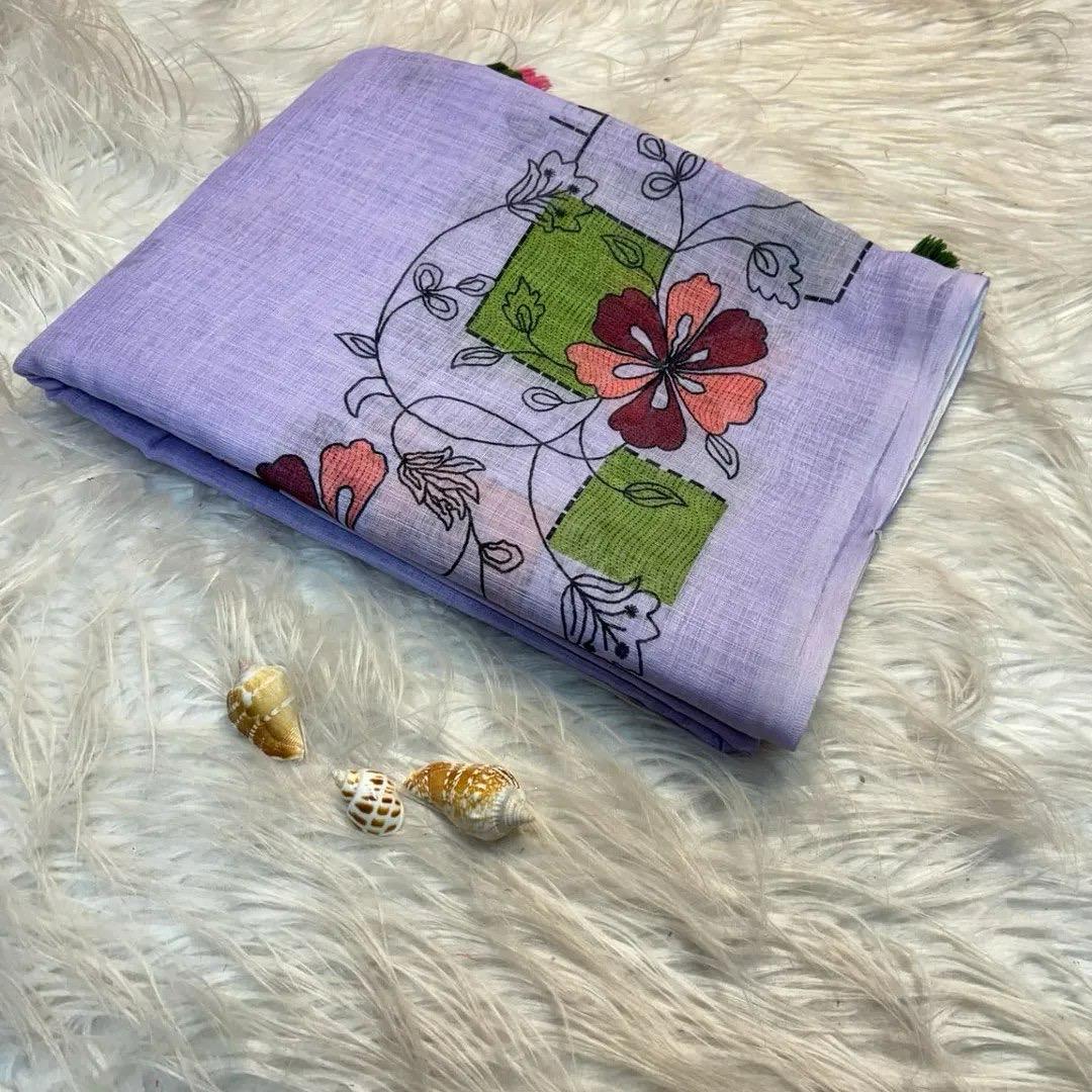 Soft Lenin fabric, very smooth and light weight, with super hit  Batik design all over saree, excellent quality With Digital kalamkari Printed Blouse
