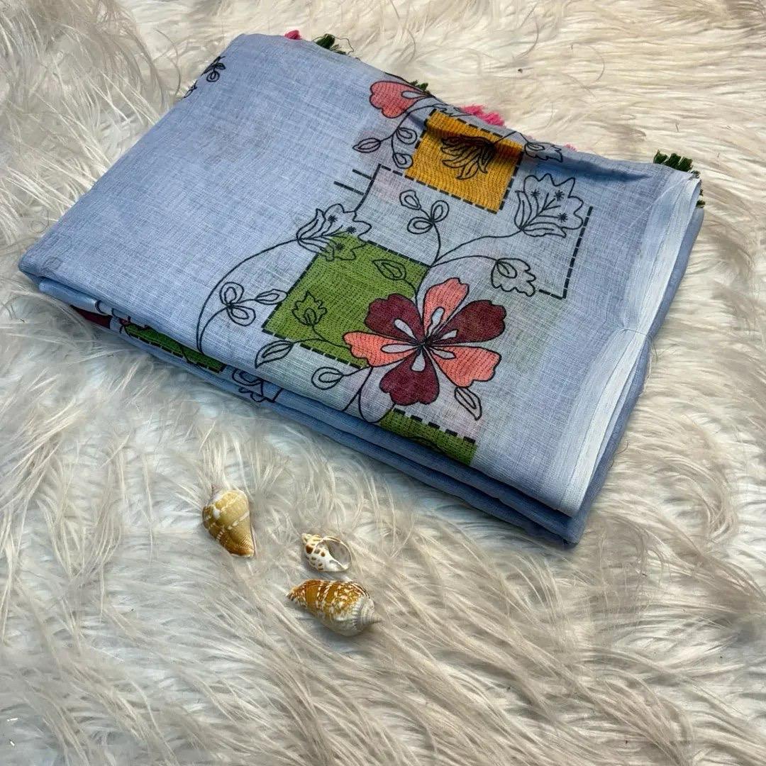 Soft Lenin fabric, very smooth and light weight, with super hit  Batik design all over saree, excellent quality With Digital kalamkari Printed Blouse
