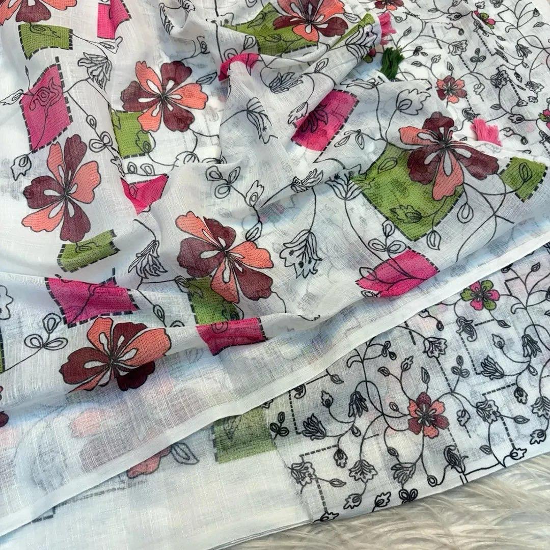 Soft Lenin fabric, very smooth and light weight, with super hit  Batik design all over saree, excellent quality With Digital kalamkari Printed Blouse