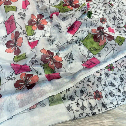 Soft Linen Cotton Saree with All-Over Batik Print & Kalamkari Pallu – Digital Kalamkari Blouse & Tassels | Swaraas.in