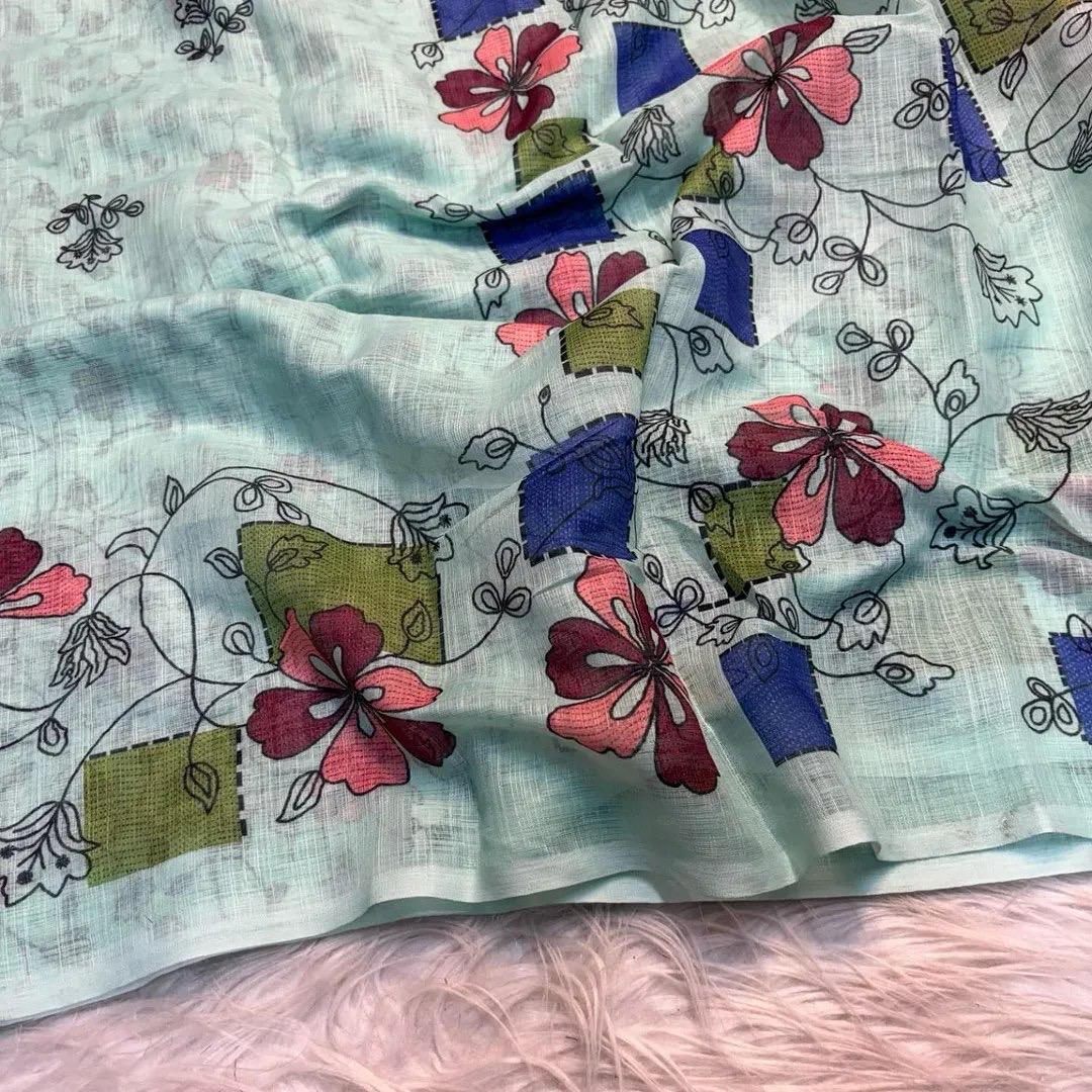 Soft Lenin fabric, very smooth and light weight, with super hit  Batik design all over saree, excellent quality With Digital kalamkari Printed Blouse