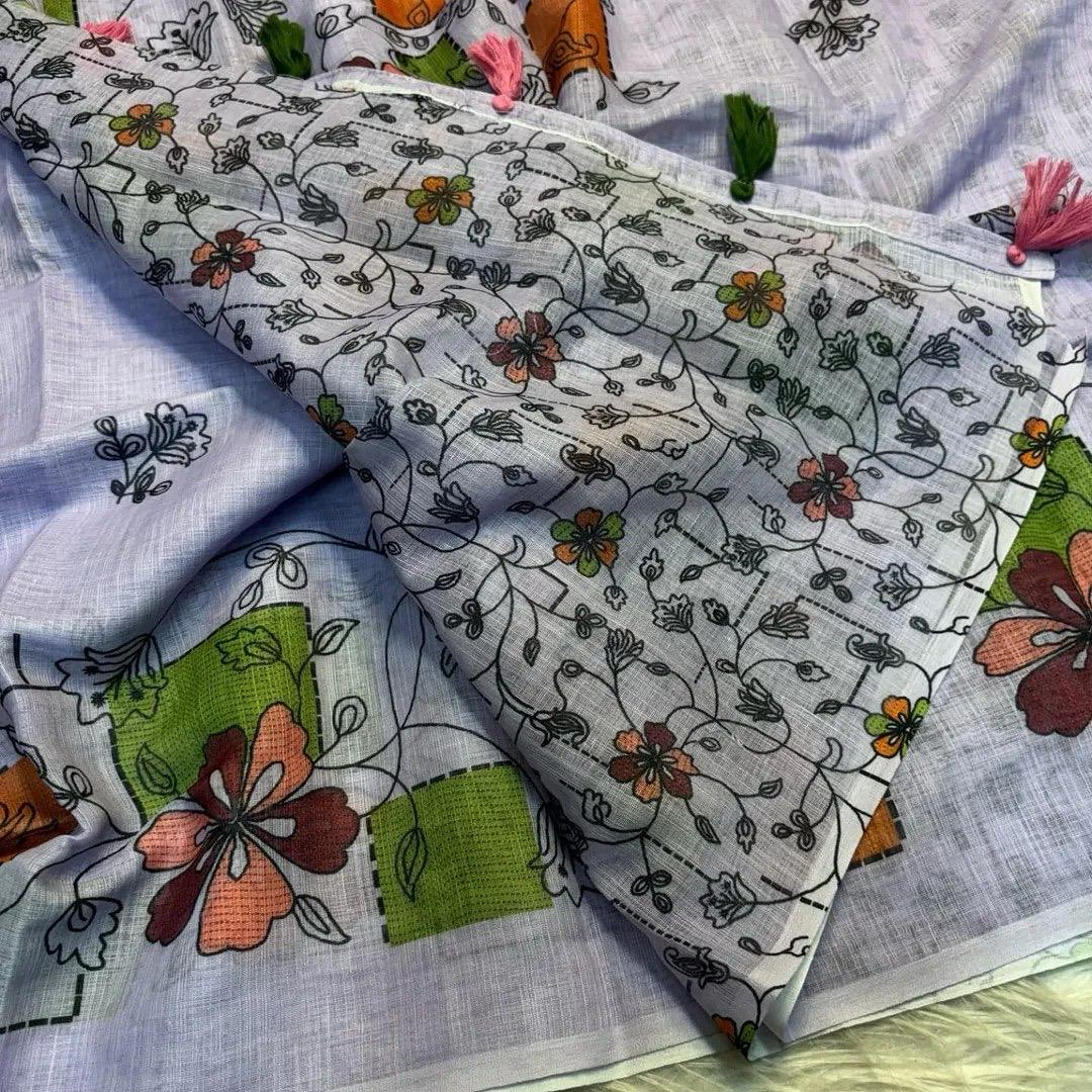 Soft Lenin fabric, very smooth and light weight, with super hit  Batik design all over saree, excellent quality With Digital kalamkari Printed Blouse