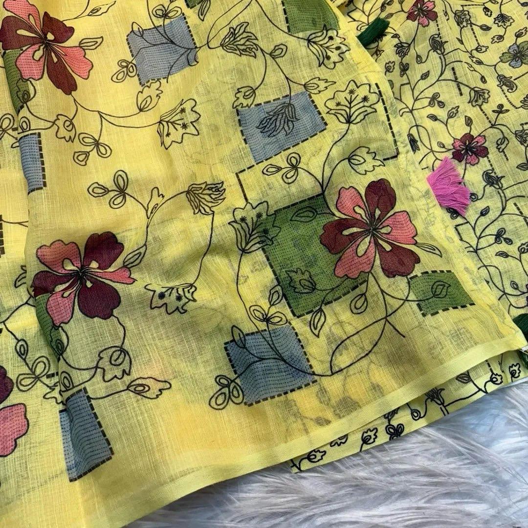 Soft Lenin fabric, very smooth and light weight, with super hit  Batik design all over saree, excellent quality With Digital kalamkari Printed Blouse