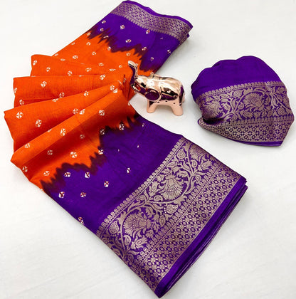 Soft Dola Silk Bandhani Print Saree with Jacquard Woven Border – Elegant Traditional Wear | Swaraas.in