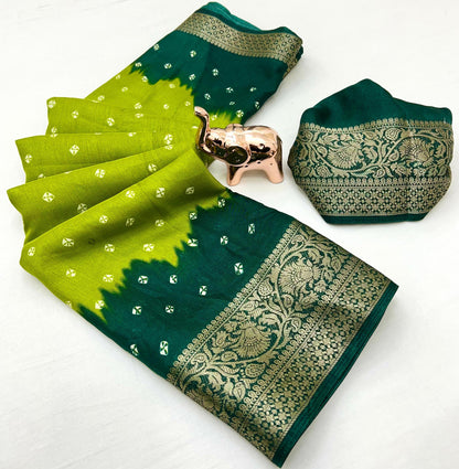Soft Dola Silk Bandhani Print Saree with Jacquard Woven Border – Elegant Traditional Wear | Swaraas.in