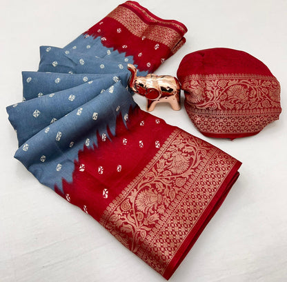 Soft Dola Silk Bandhani Print Saree with Jacquard Woven Border – Elegant Traditional Wear | Swaraas.in