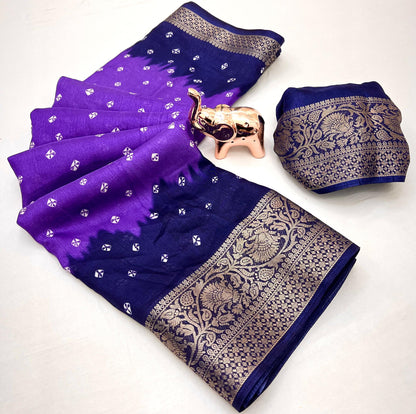 Soft Dola Silk Bandhani Print Saree with Jacquard Woven Border – Elegant Traditional Wear | Swaraas.in