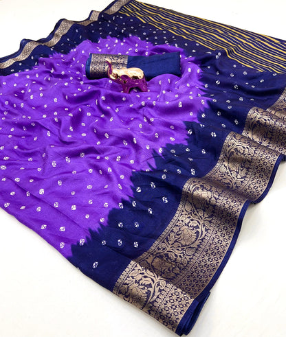 Soft Dola Silk Bandhani Print Saree with Jacquard Woven Border – Elegant Traditional Wear | Swaraas.in